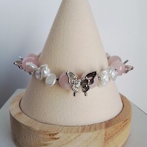 Freshwater Pearl and Rose Quartz Butterfly Bracelet